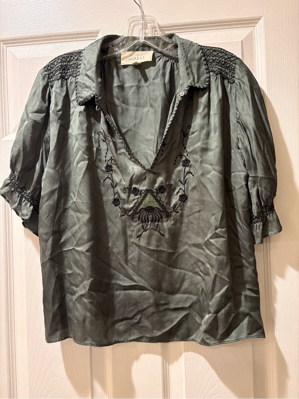 THE GREAT. Olive Green Embroidered V-Neck Peasant Blouse